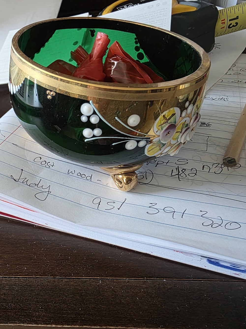 Decorative Green Glass Footed Bowl with Hand-Painted Floral Design